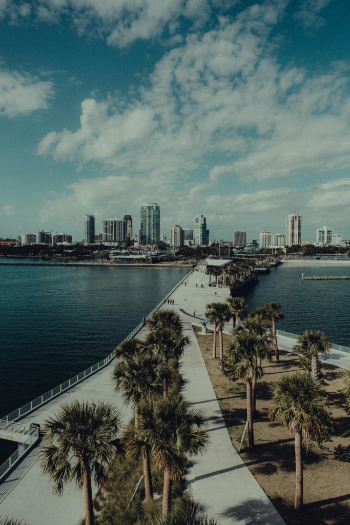 Explore the vibrant skyline of St. Petersburg with palm-lined waterfront pathways.