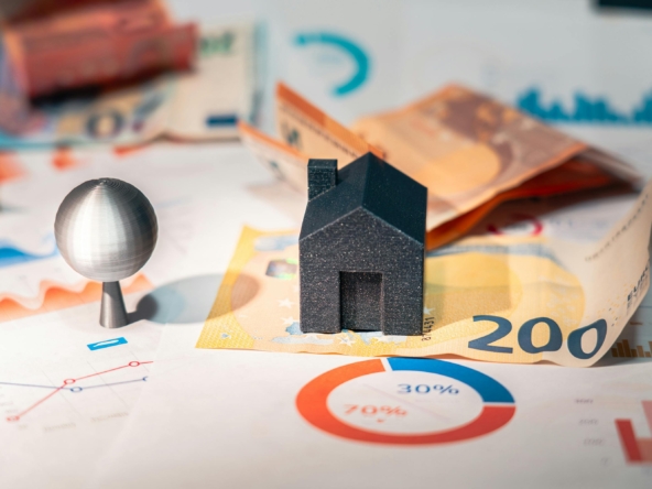 Conceptual image of real estate and finance involving euro currency and data charts, symbolizing investment.